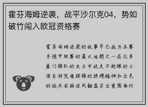 霍芬海姆逆袭，战平沙尔克04，势如破竹闯入欧冠资格赛