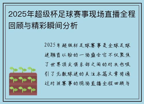 2025年超级杯足球赛事现场直播全程回顾与精彩瞬间分析